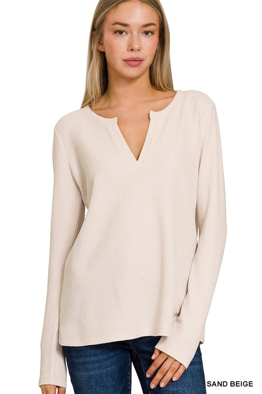 Melange Baby Waffle V-Neck Long Sleeve Top