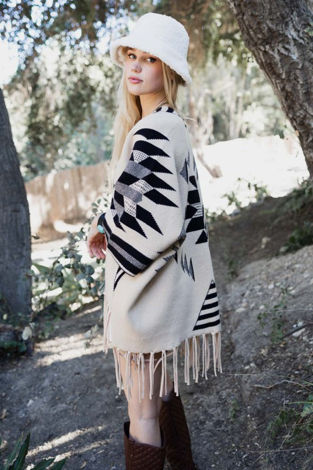 Leto Accessories Cable Knit Poncho with Tassels