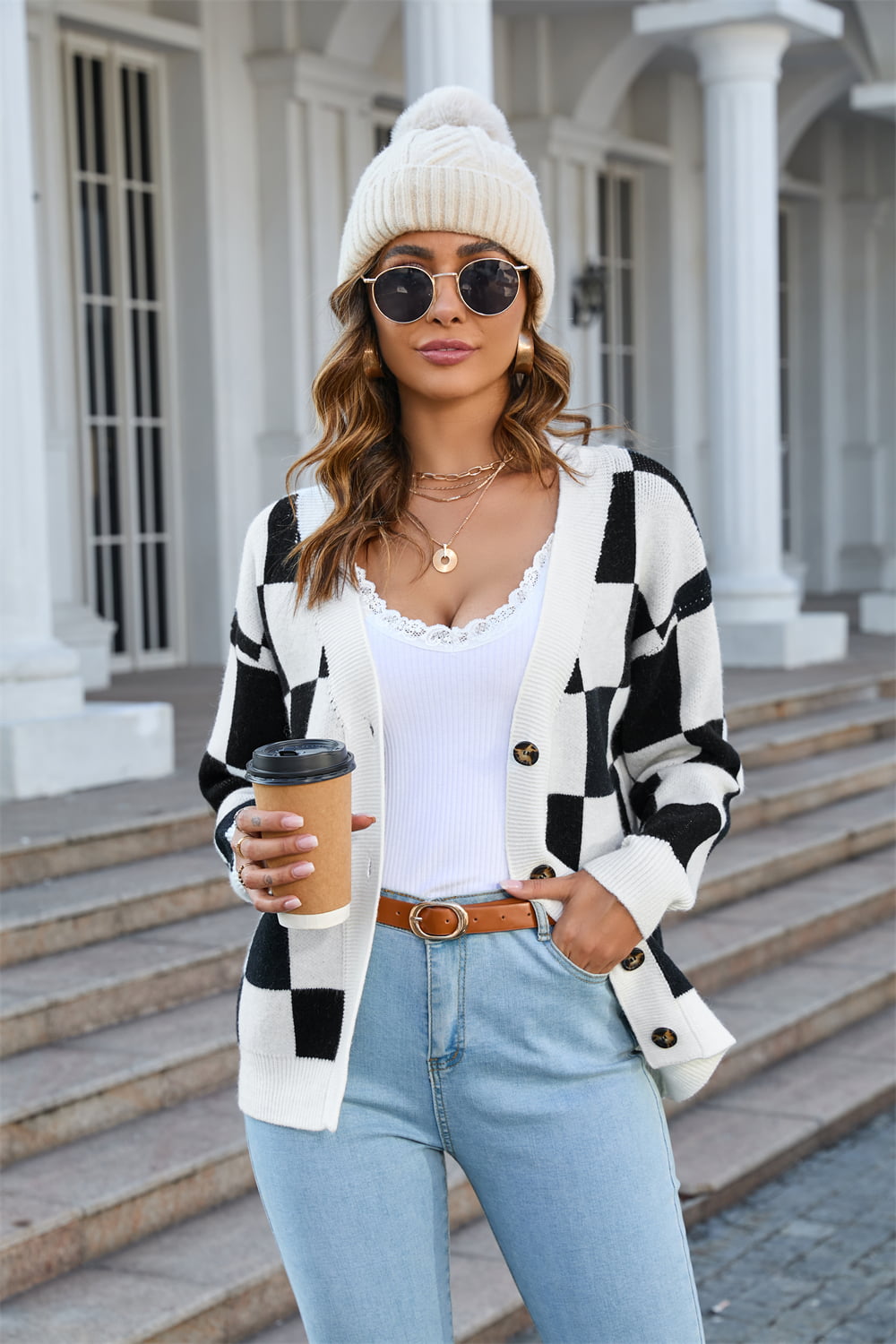 Button-Up Plaid V-Neck Dropped Shoulder Cardigan